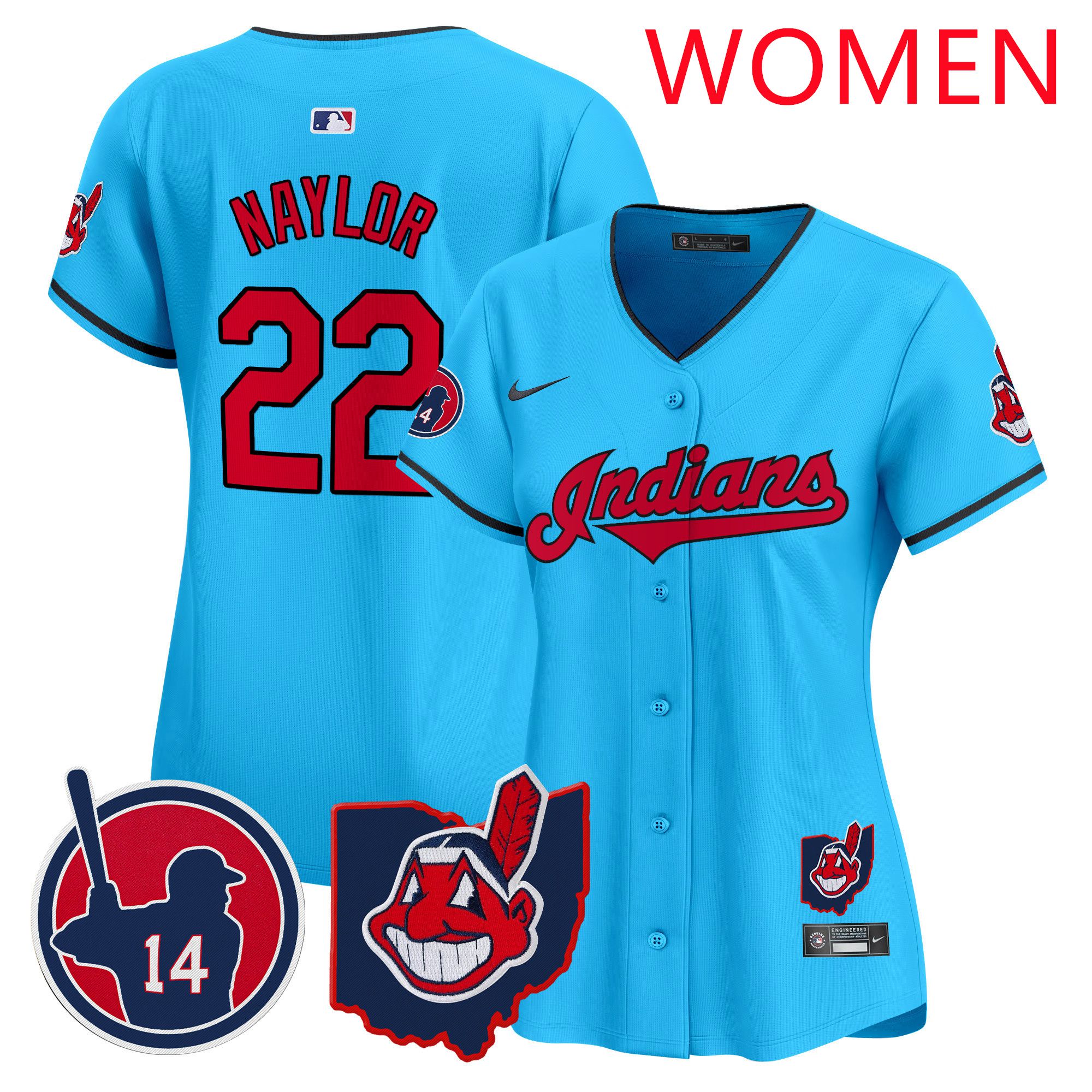 Women Cleveland Indians #22 Naylor Light Blue Nike 2025 Patch Vapor Premier Limited MLB Jersey